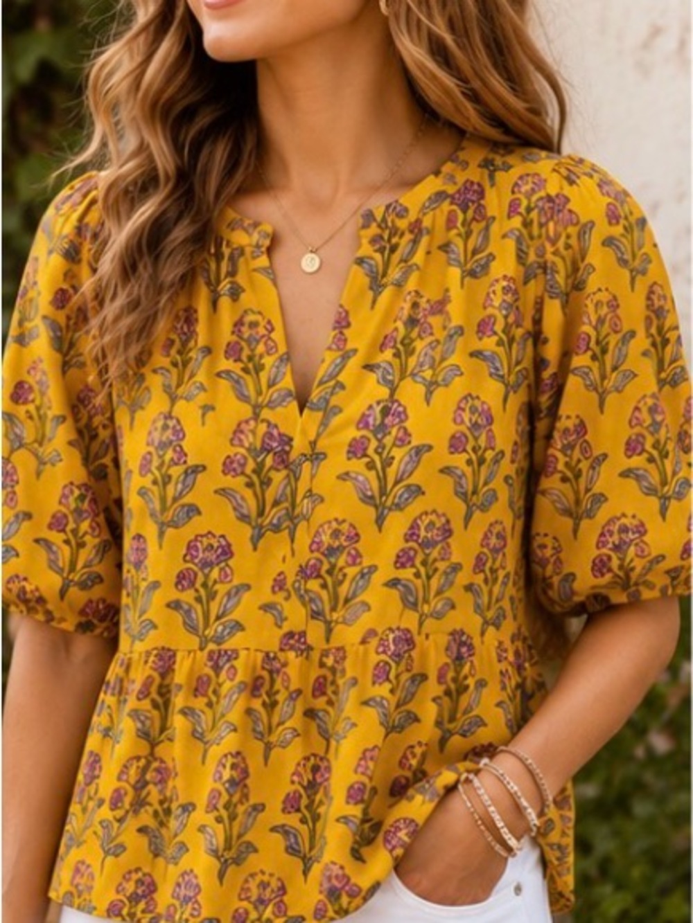 Printfresh Yellow Floral Puff-Sleeve Peplum Blouse Cotton Boho Cottagecore Small